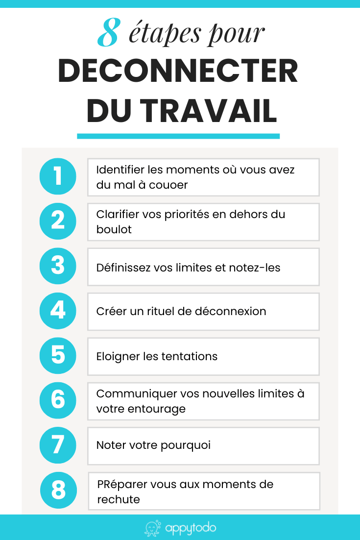 Comment déconnecter du travail quand l'esprit refuse de lâcher prise ? Découvrez 8 étapes concrètes pour couper vraiment et profiter de votre temps libre. Au programme : identifier vos moments de décrochage, définir vos limites, créer un rituel de déconnexion et garder le cap dans la durée. Des pistes actionnables pour retrouver un équilibre vie pro et vie perso. Retrouvez l'article complet sur appytodo.com via @catherineappytodo