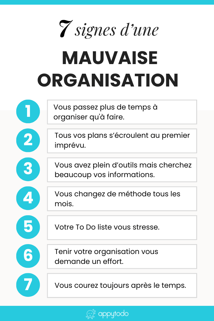 Vous vous organisez, vous faites des listes, vous tenez un agenda… et pourtant vous avez toujours l'impression de courir après le temps ? Votre organisation n'est peut-être simplement pas adaptée à vous. Dans cet article, découvrez 7 signes concrets d'une mauvaise organisation. Et pour chaque signe, une question à vous poser et des pistes pour ajuster votre système. Retrouvez l'article complet sur appytodo.com via @catherineappytodo