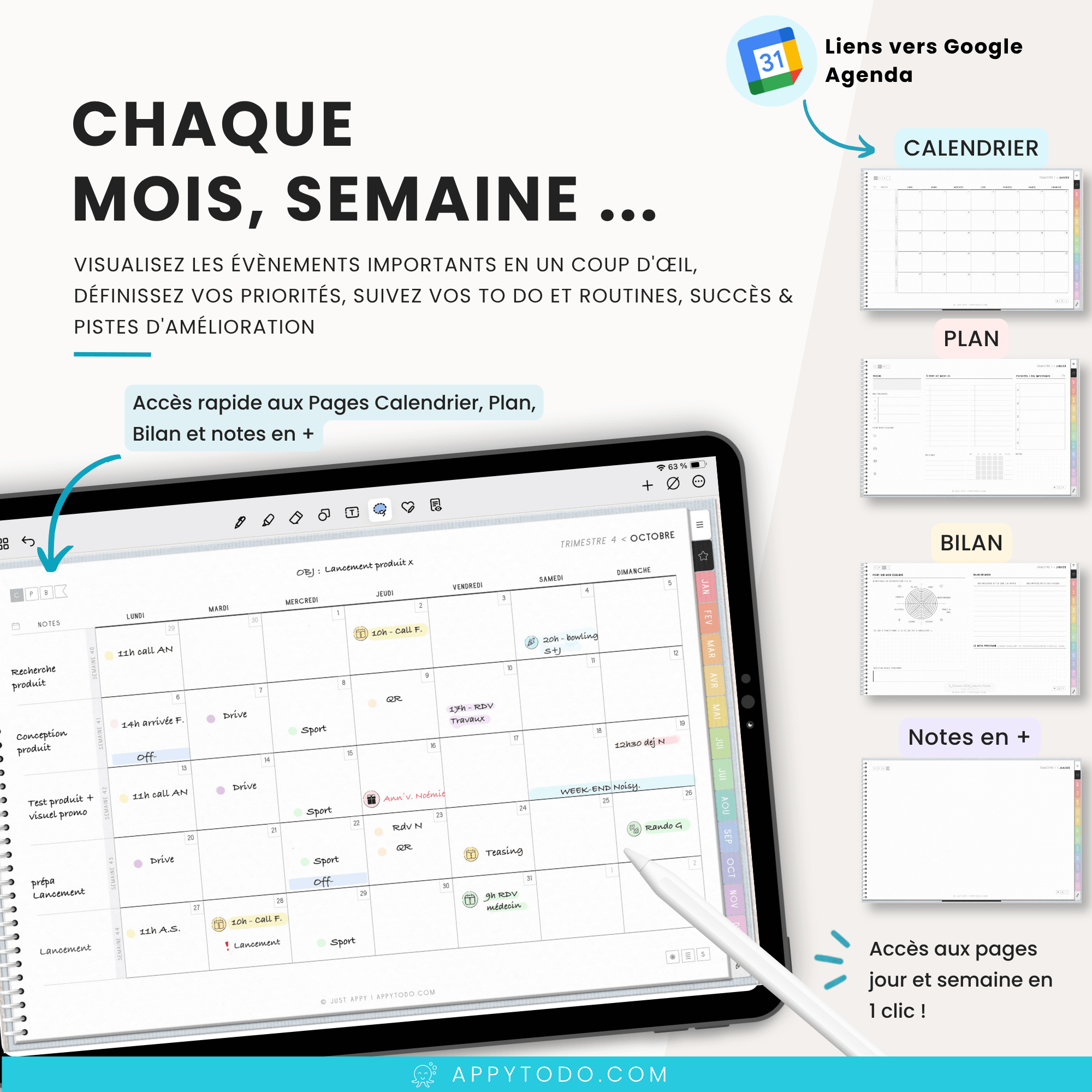 Planner digital 2027 avec pages calendrier priorités bilan et notes
