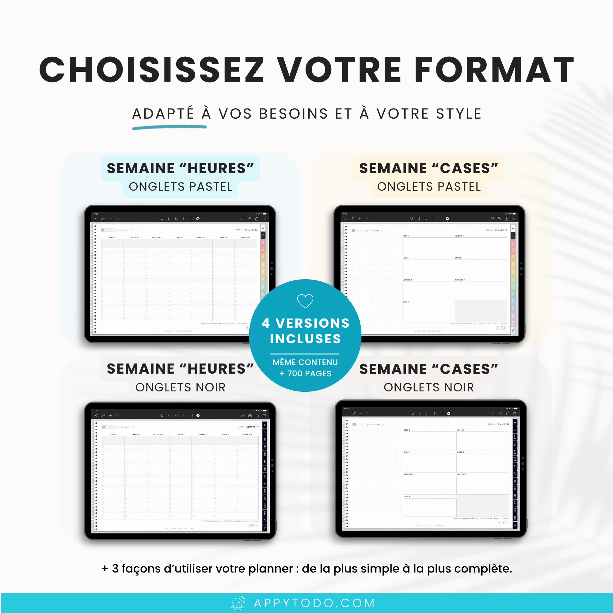 Planner digital 2027 4 versions pastel noir semaines cases semaine heures