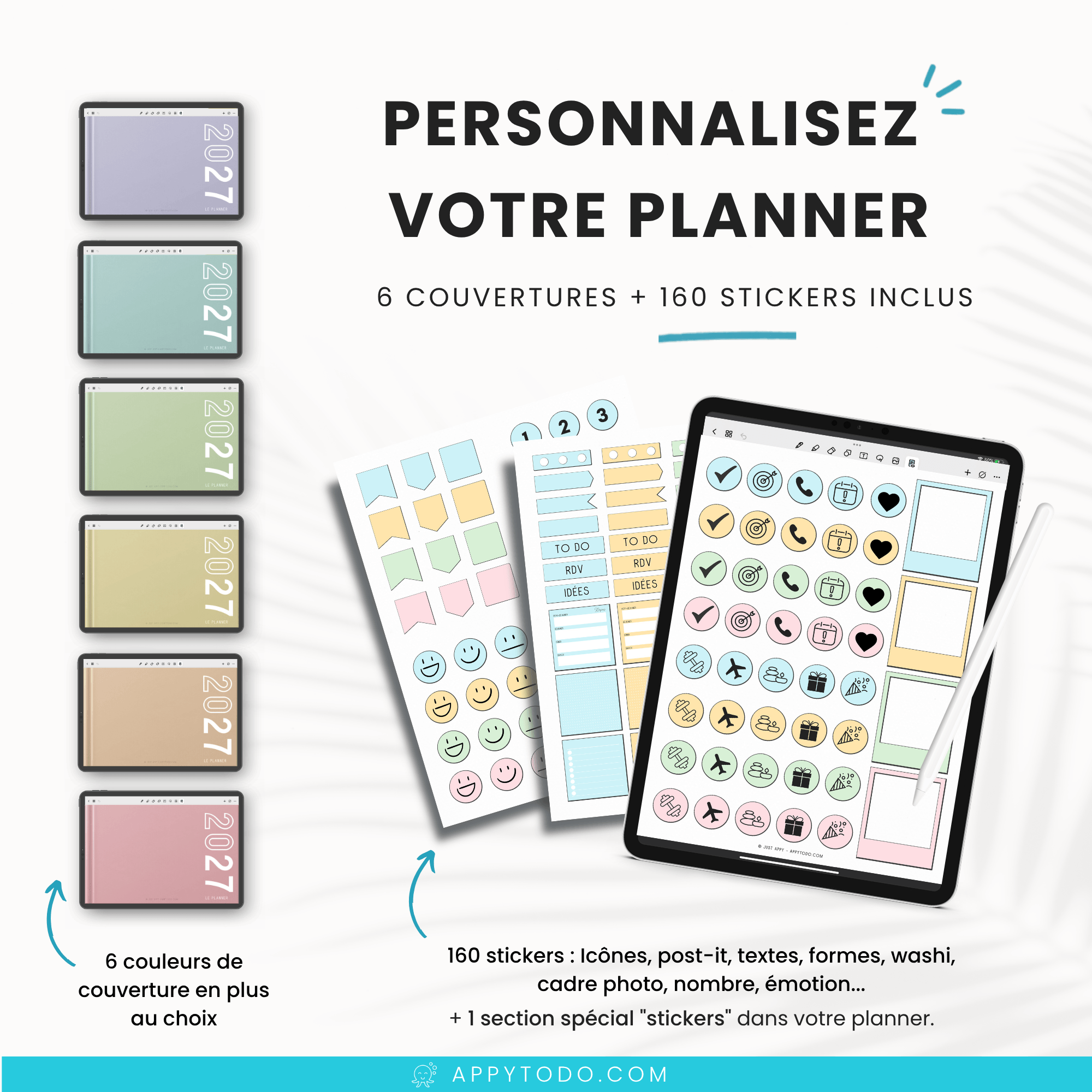 Planner digital 2027 stickers pastel couvertures
