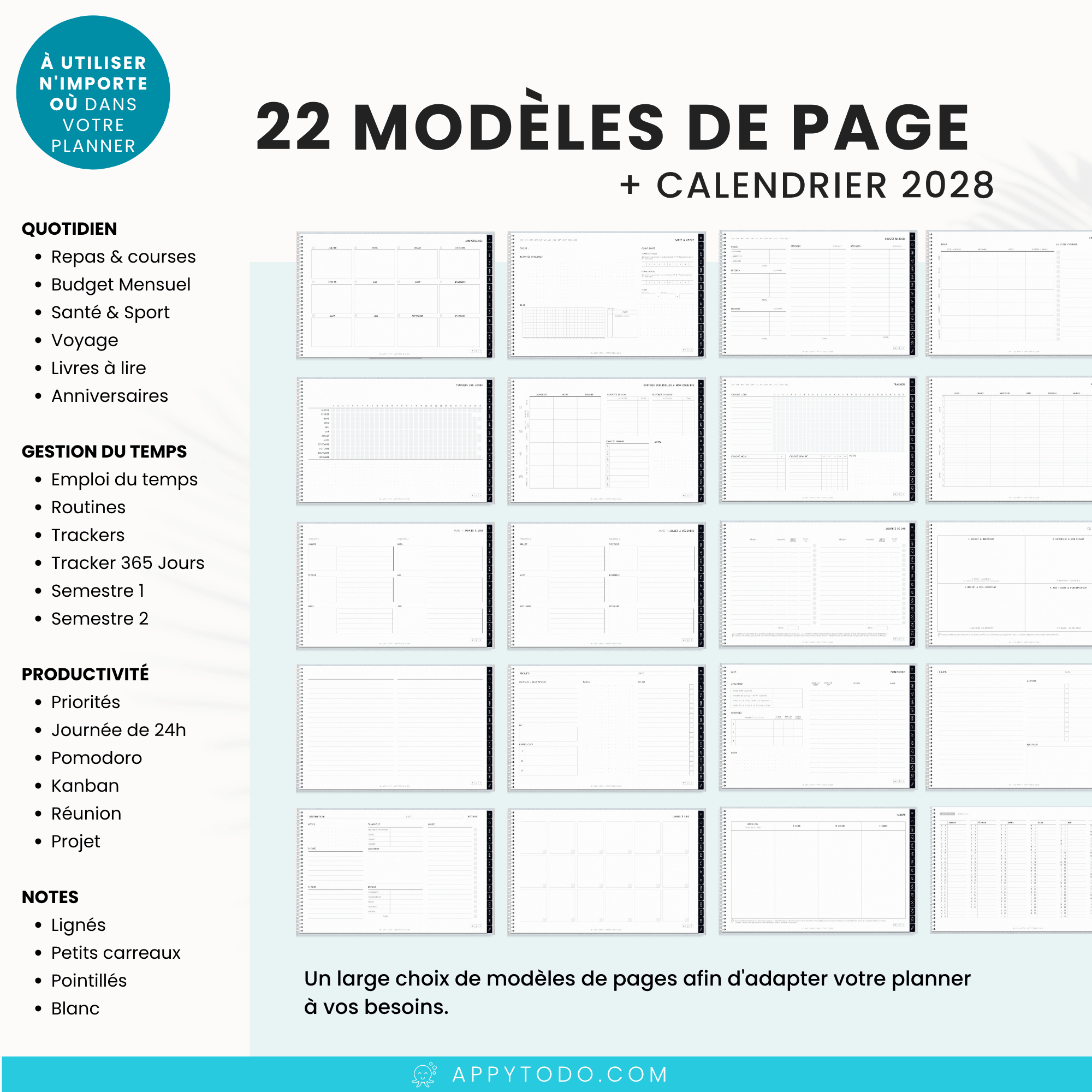 Planner digital 2027 avec 22 modèles de pages vie pro perso