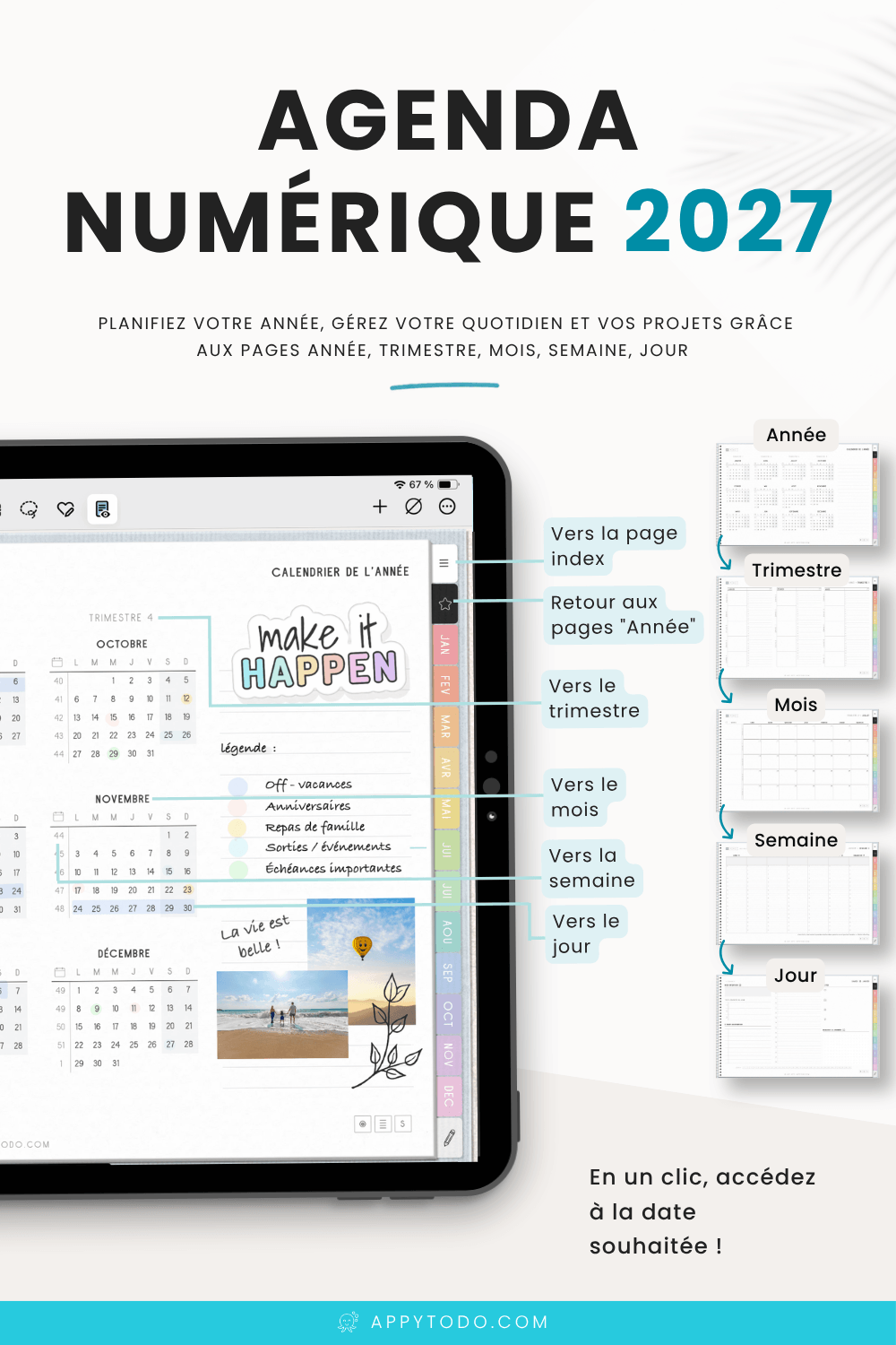 Organisez votre année avec l’agenda numérique 2027 d’Appytodo. Retrouvez vos rendez-vous, vos tâches et vos objectifs sur des pages mensuelles, hebdomadaires et quotidiennes reliées par des liens cliquables. Un agenda digital en français pour écrire à la main sur iPad ou tablette, avec une application d’annotation. Découvrez ses pages et les accessoires inclus. via @catherineappytodo