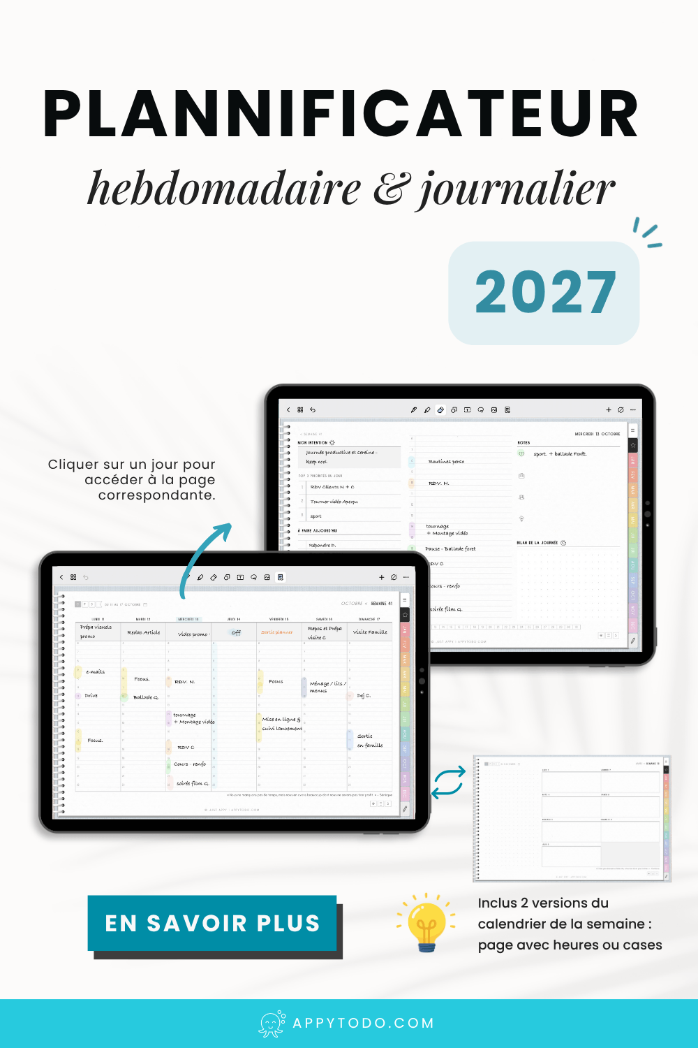 Planner digital 2027 en français avec liens google agenda pour atteindre ses objectifs et maintenir son équilibre de vie. Inclus : 4 versions au choix de cet agenda numérique 2027 pour tablette et ipad (couleur des onglets / format des pages semaines), 711 pages en français, 1 Guide débutant, et des stickers numériques. RDV sur appytodo.com pour en savoir plus #planner #agenda #numérique #2027 #français via @catherineappytodo
