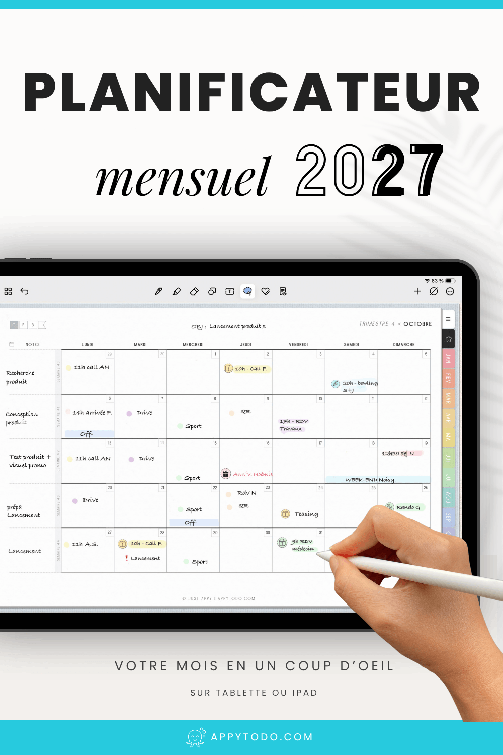 Planner digital 2027 en français avec liens google agenda pour atteindre ses objectifs et maintenir son équilibre de vie. Inclus : 4 versions au choix de cet agenda numérique 2027 pour tablette et ipad (couleur des onglets / format des pages semaines), 711 pages en français, 1 Guide débutant, et des stickers numériques. RDV sur appytodo.com pour en savoir plus #planner #agenda #numérique #2027 #français via @catherineappytodo