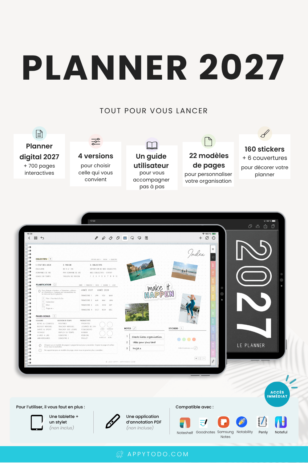 Planner digital 2027 en français avec liens google agenda pour atteindre ses objectifs et maintenir son équilibre de vie. Inclus : 4 versions au choix de cet agenda numérique 2027 pour tablette et ipad (couleur des onglets / format des pages semaines), 711 pages en français, 1 Guide débutant, et des stickers numériques. RDV sur appytodo.com pour en savoir plus #planner #agenda #numérique #2027 #français via @catherineappytodo