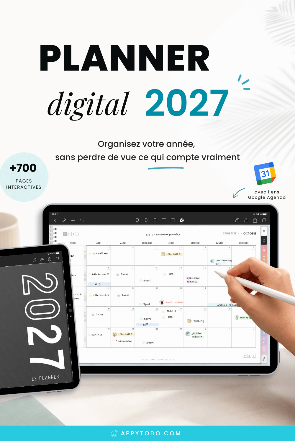 Planner digital 2027 en français avec liens google agenda pour atteindre ses objectifs et maintenir son équilibre de vie. Inclus : 4 versions au choix de cet agenda numérique 2027 pour tablette et ipad (couleur des onglets / format des pages semaines), 711 pages en français, 1 Guide débutant, et des stickers numériques. RDV sur appytodo.com pour en savoir plus #planner #agenda #numérique #2027 #français via @catherineappytodo