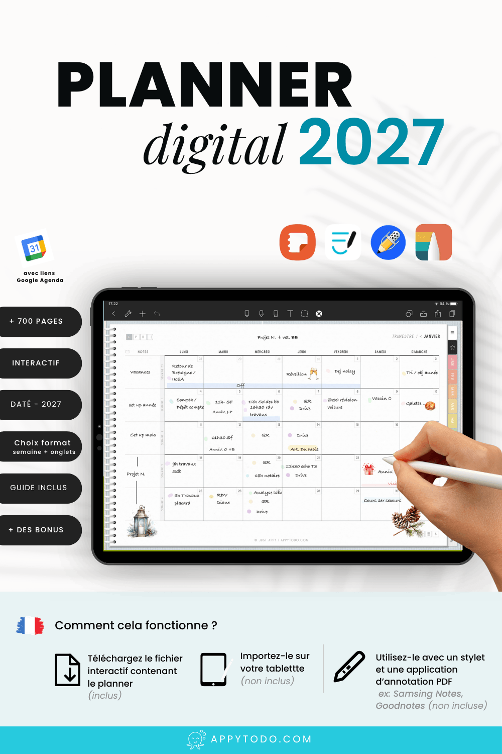 Planner digital 2027 en français avec liens google agenda pour atteindre ses objectifs et maintenir son équilibre de vie. Inclus : 4 versions au choix de cet agenda numérique 2027 pour tablette et ipad (couleur des onglets / format des pages semaines), 711 pages en français, 1 Guide débutant, et des stickers numériques. RDV sur appytodo.com pour en savoir plus #planner #agenda #numérique #2027 #français via @catherineappytodo