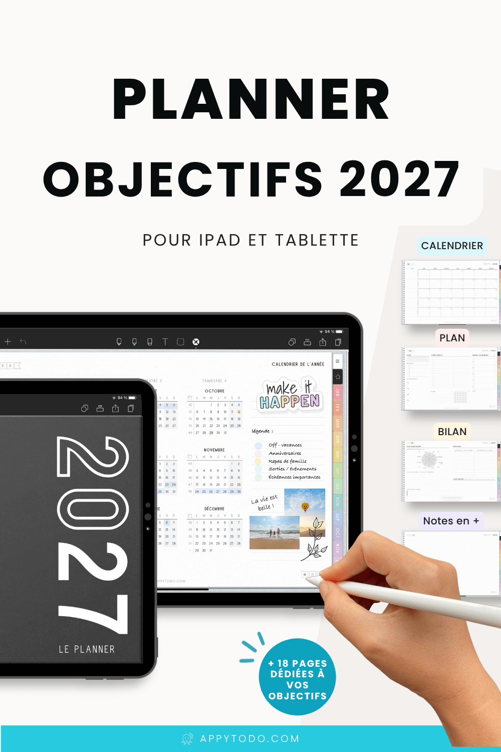Planner digital 2027 en français avec liens google agenda pour atteindre ses objectifs et maintenir son équilibre de vie. Inclus : 4 versions au choix de cet agenda numérique 2027 pour tablette et ipad (couleur des onglets / format des pages semaines), 711 pages en français, 1 Guide débutant, et des stickers numériques. RDV sur appytodo.com pour en savoir plus #planner #agenda #numérique #2027 #français via @catherineappytodo